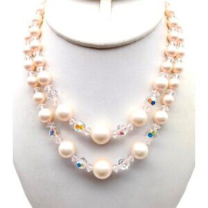 Barely Pink Faux Pearl Double Strand Choker Necklace, Vintage Graduated Pastel